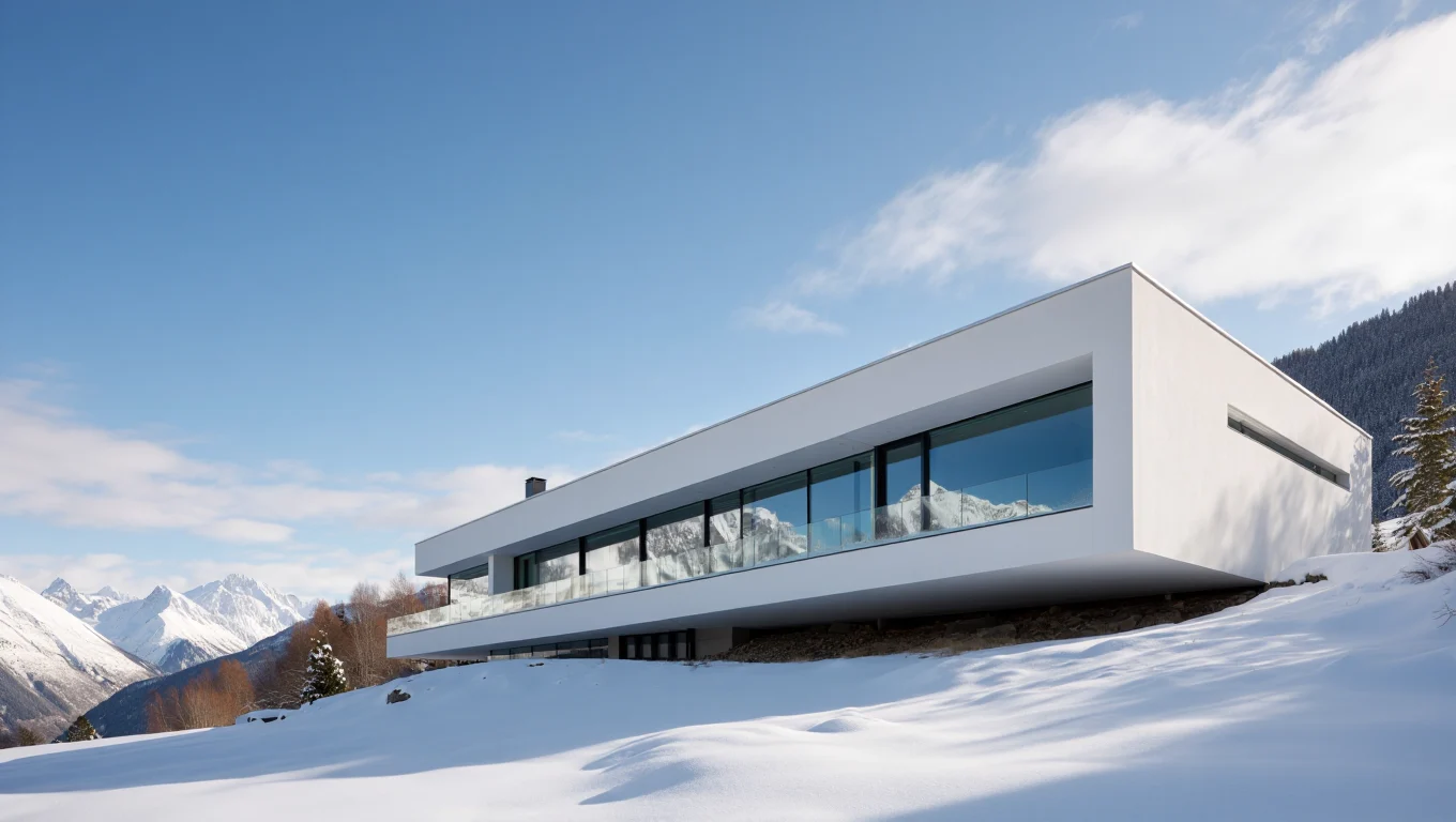 Maison contemporaine dans un paysage de montagne enneigé