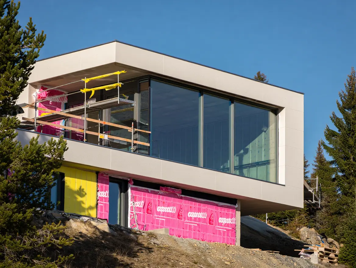 Maison contemporaine en cours d’isolation par l’extérieur, panneaux isolants posés sur la façade