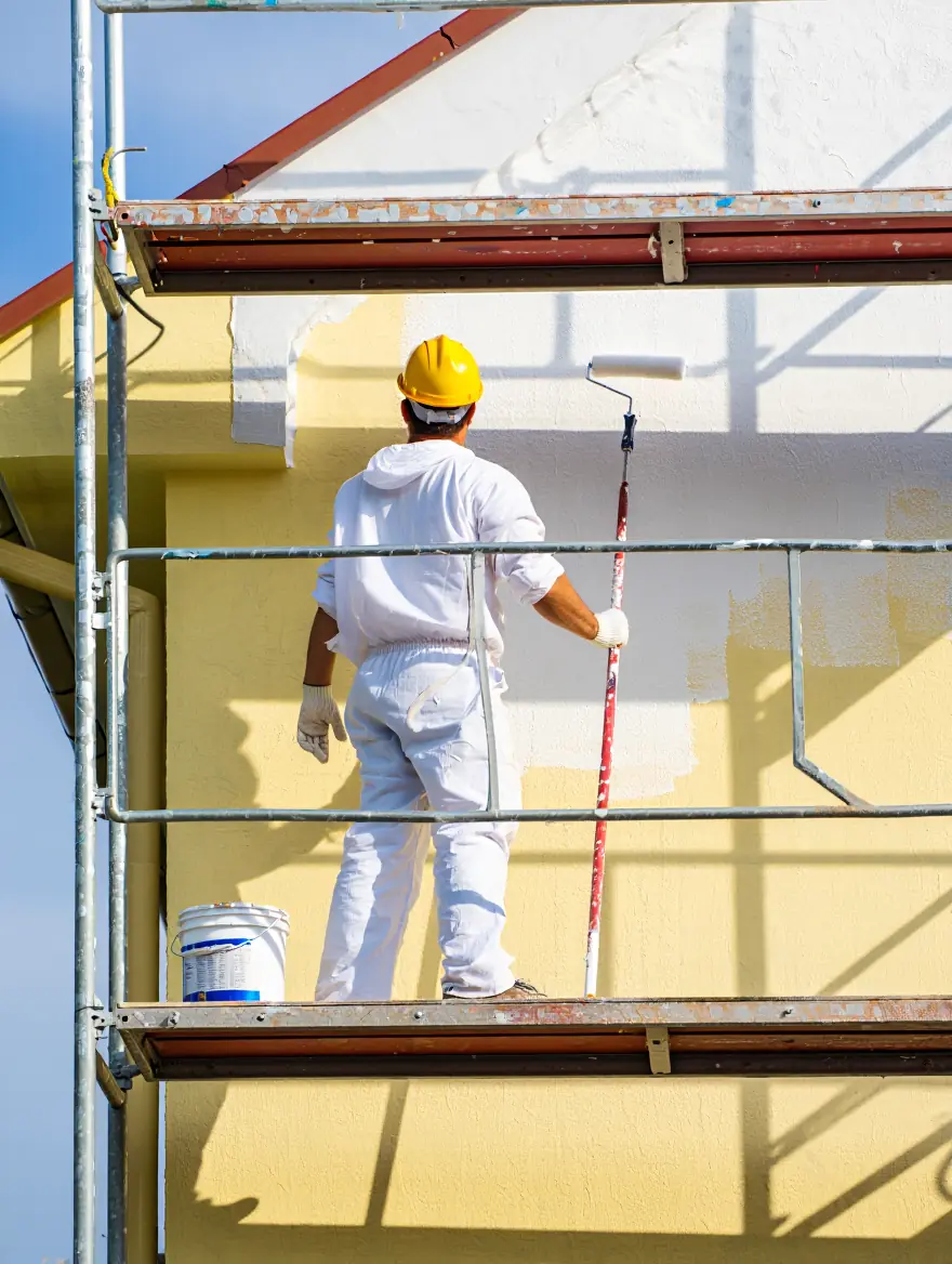 Façadier sur un échafaudage appliquant une finition sur un mur extérieur