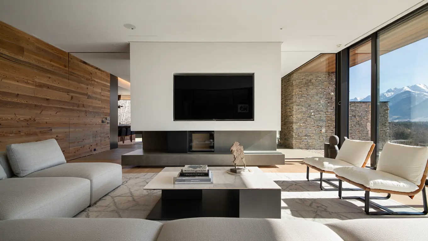 Séjour contemporain avec mur habillé de bois et grandes baies ouvertes sur les montagnes